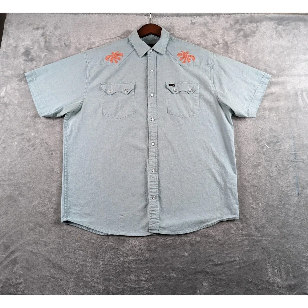 Howler Bros Crosscut Deluxe Shirt Men Large Blue Palm Western Pearl Snap READ